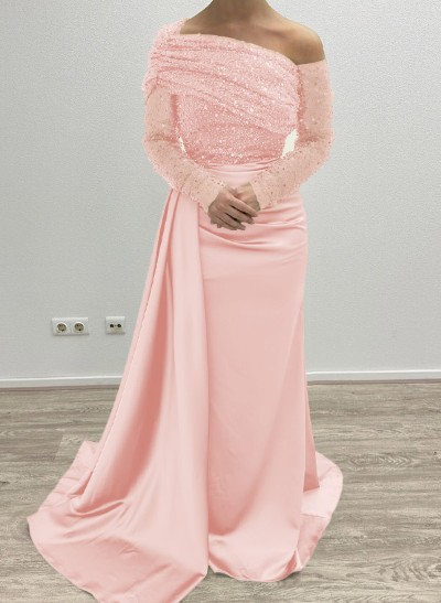 Sheath/Column Asymmetrical Long Sleeves Evening Dresses With Sweeping Right Side Drape
