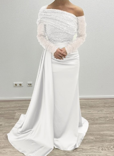 Sheath/Column Asymmetrical Long Sleeves Evening Dresses With Sweeping Right Side Drape