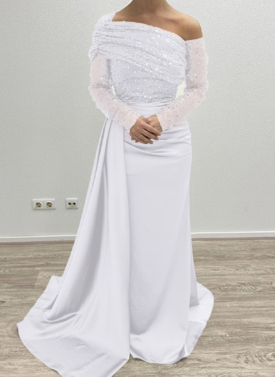 Sheath/Column Asymmetrical Long Sleeves Evening Dresses With Sweeping Right Side Drape