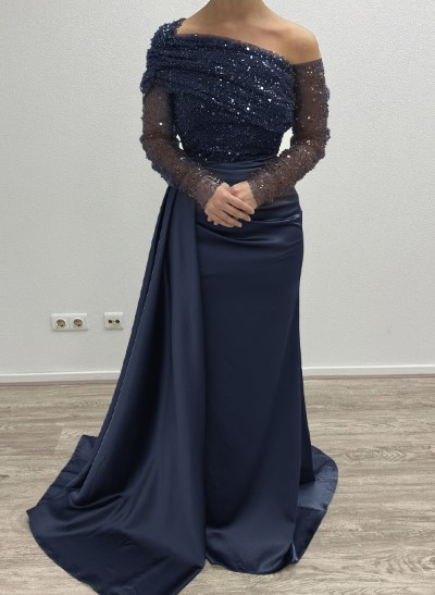 Sheath/Column Asymmetrical Long Sleeves Evening Dresses With Sweeping Right Side Drape Sheath/Column Asymmetrical Long Sleeves Evening Dresses With Sweeping Right Side Drape