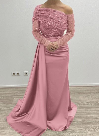 Sheath/Column Asymmetrical Long Sleeves Evening Dresses With Sweeping Right Side Drape Sheath/Column Asymmetrical Long Sleeves Evening Dresses With Sweeping Right Side Drape