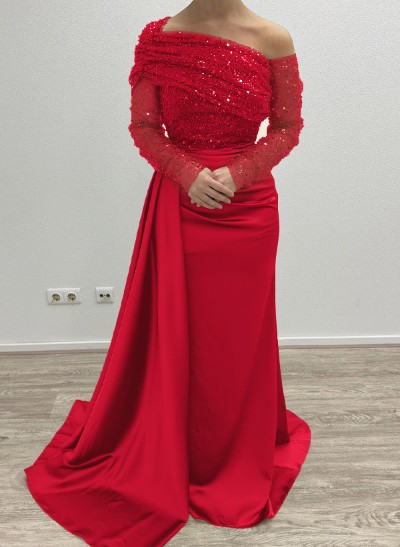 Sheath/Column Asymmetrical Long Sleeves Evening Dresses With Sweeping Right Side Drape Sheath/Column Asymmetrical Long Sleeves Evening Dresses With Sweeping Right Side Drape