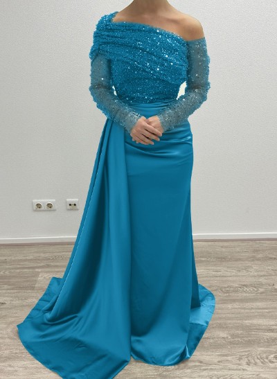Sheath/Column Asymmetrical Long Sleeves Evening Dresses With Sweeping Right Side Drape