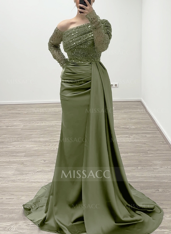 Sheath/Column Asymmetrical Long Sleeves Evening Dresses With Sweeping Right Side Drape