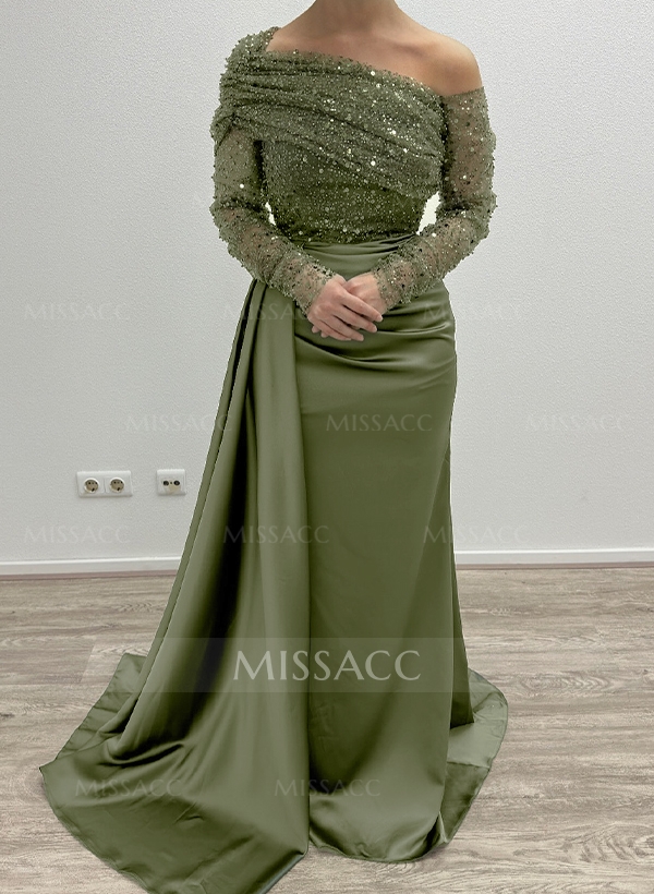 Sheath/Column Asymmetrical Long Sleeves Evening Dresses With Sweeping Right Side Drape