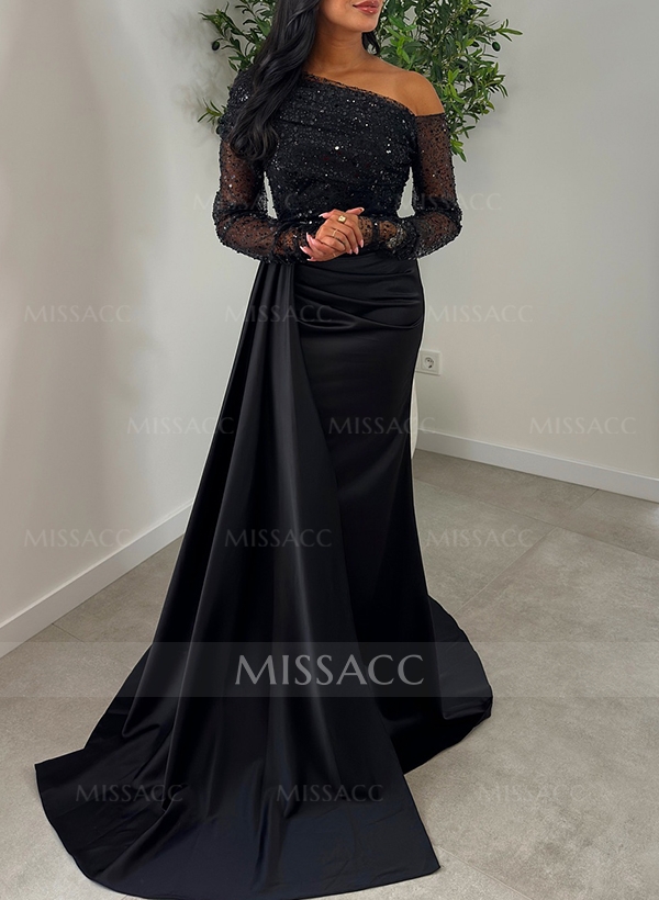 Sheath/Column Asymmetrical Long Sleeves Evening Dresses With Sweeping Right Side Drape