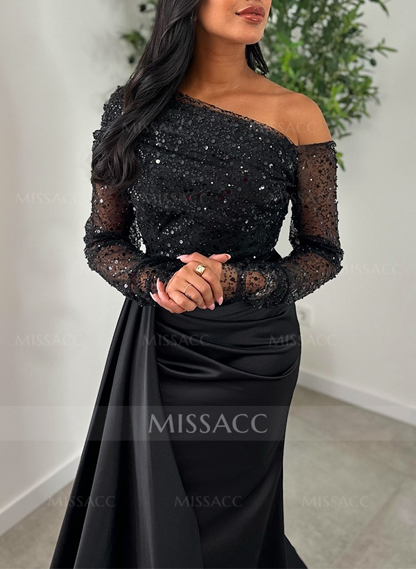 Sheath/Column Asymmetrical Long Sleeves Evening Dresses With Sweeping Right Side Drape