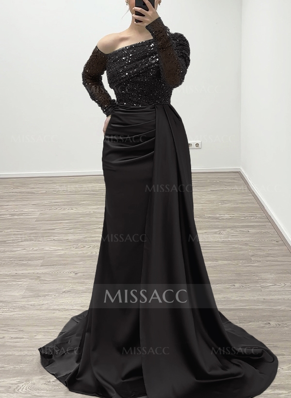 Sheath/Column Asymmetrical Long Sleeves Evening Dresses With Sweeping Right Side Drape