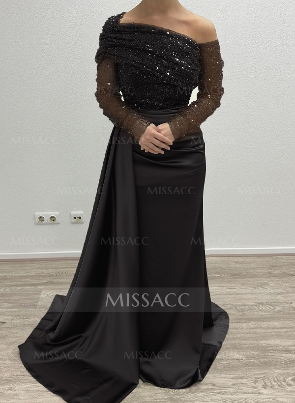 Sheath/Column Asymmetrical Long Sleeves Evening Dresses With Sweeping Right Side Drape