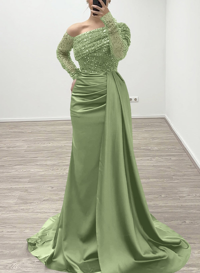 Sheath/Column Asymmetrical Long Sleeves Evening Dresses With Sweeping Right Side Drape
