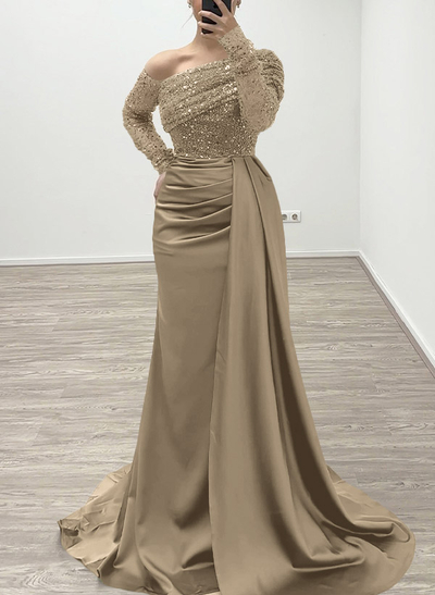Sheath/Column Asymmetrical Long Sleeves Evening Dresses With Sweeping Right Side Drape