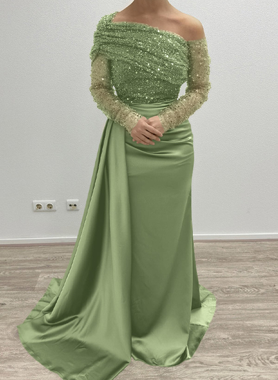 Sheath/Column Asymmetrical Long Sleeves Evening Dresses With Sweeping Right Side Drape