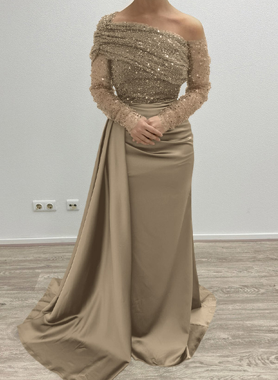 Sheath/Column Asymmetrical Long Sleeves Evening Dresses With Sweeping Right Side Drape