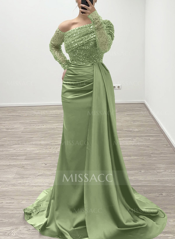 Sheath/Column Asymmetrical Long Sleeves Evening Dresses With Sweeping Right Side Drape