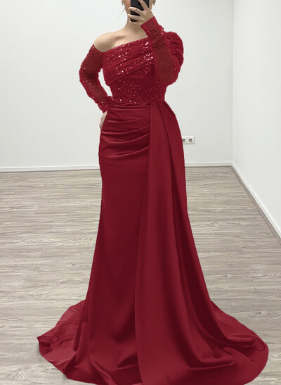 Sheath/Column Asymmetrical Long Sleeves Evening Dresses With Sweeping Right Side Drape