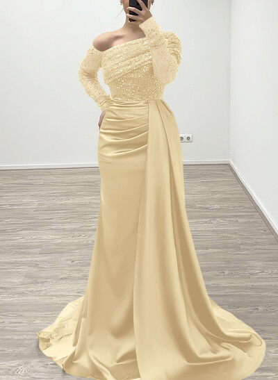 Sheath/Column Asymmetrical Long Sleeves Evening Dresses With Sweeping Right Side Drape