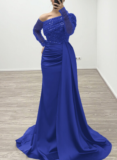 Sheath/Column Asymmetrical Long Sleeves Evening Dresses With Sweeping Right Side Drape