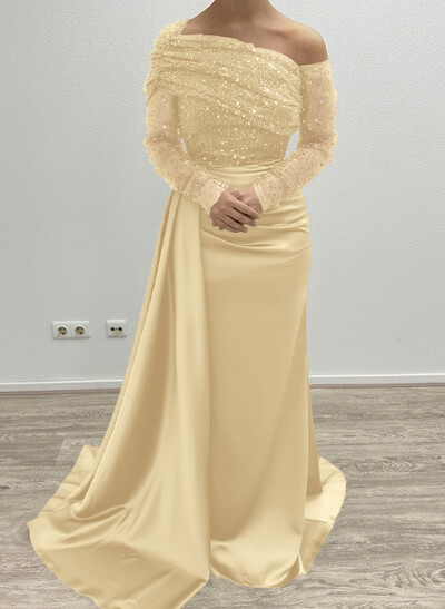 Sheath/Column Asymmetrical Long Sleeves Evening Dresses With Sweeping Right Side Drape