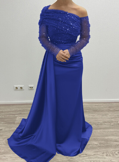 Sheath/Column Asymmetrical Long Sleeves Evening Dresses With Sweeping Right Side Drape
