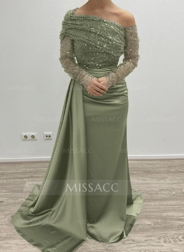 Sheath/Column Asymmetrical Long Sleeves Evening Dresses With Sweeping Right Side Drape