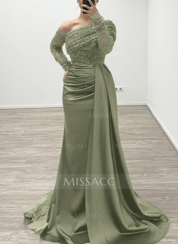 Sheath/Column Asymmetrical Long Sleeves Evening Dresses With Sweeping Right Side Drape