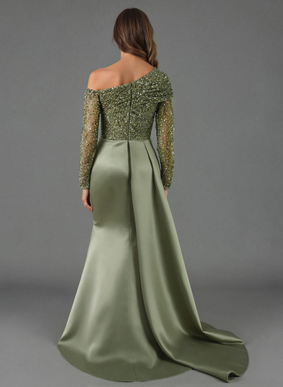 Sheath/Column Asymmetrical Long Sleeves Evening Dresses With Sweeping Right Side Drape