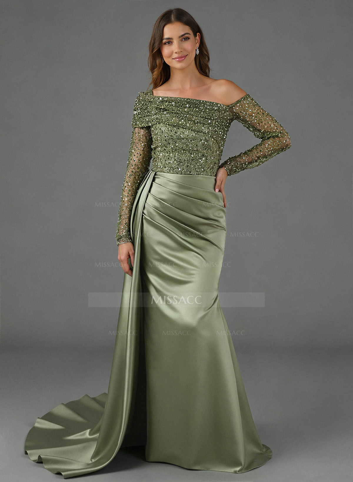 Sheath/Column Asymmetrical Long Sleeves Evening Dresses With Sweeping Right Side Drape
