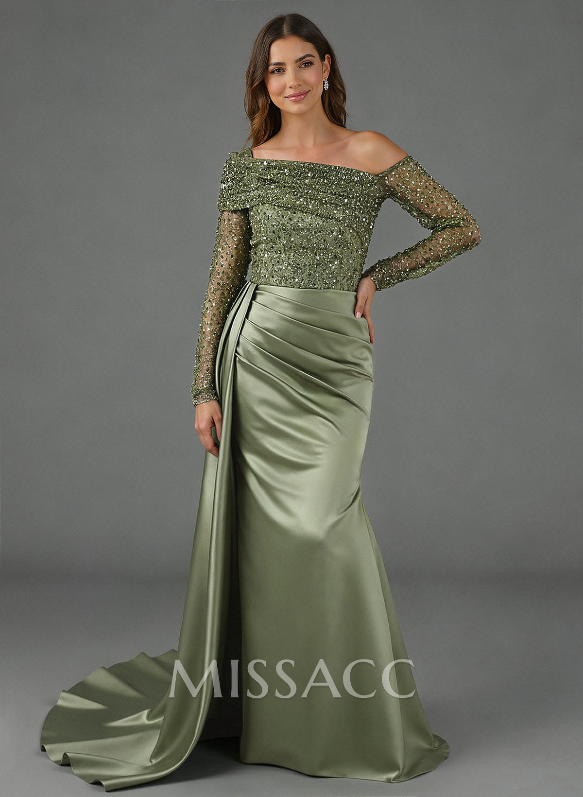 Sheath/Column Asymmetrical Long Sleeves Evening Dresses With Sweeping Right Side Drape Sheath/Column Asymmetrical Long Sleeves Evening Dresses With Sweeping Right Side Drape