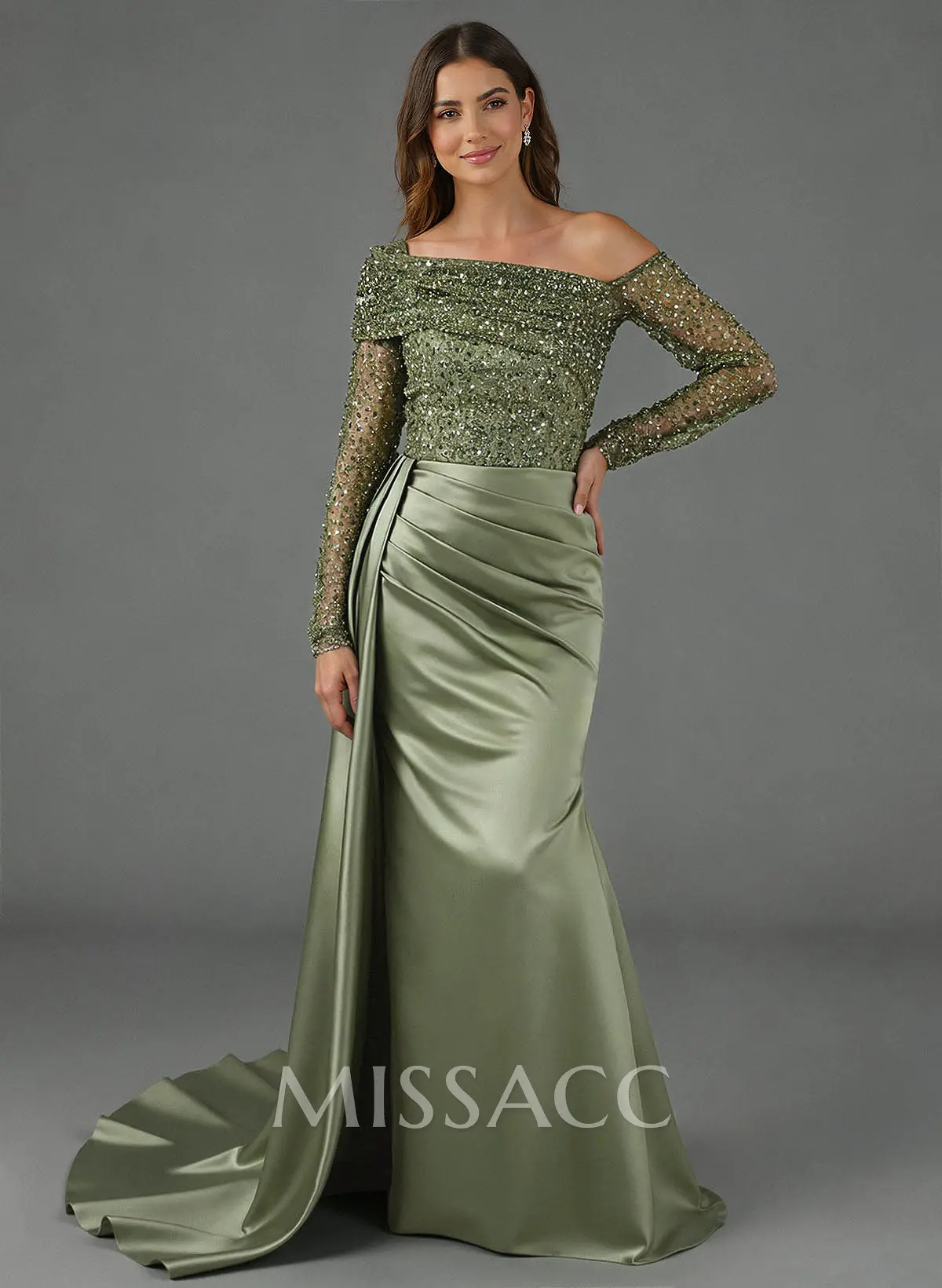 Sheath/Column Asymmetrical Long Sleeves Evening Dress With Sweeping Right Side Drape SED11676