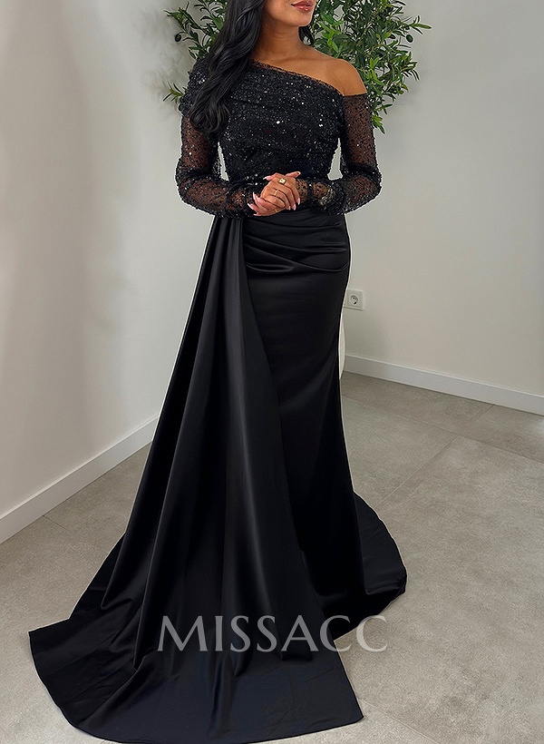 Sheath/Column Asymmetrical Long Sleeves Evening Dresses With Sweeping Right Side Drape