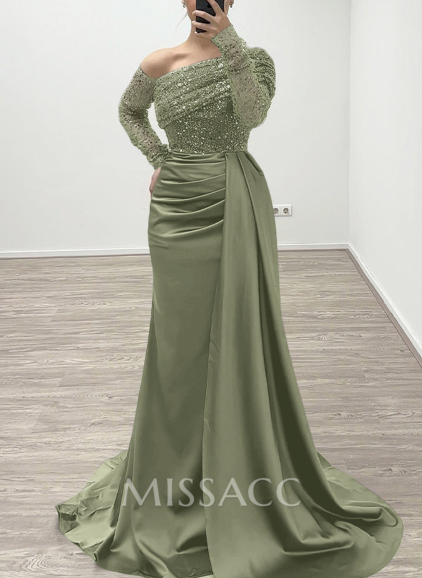 Sheath/Column Asymmetrical Long Sleeves Evening Dresses With Sweeping Right Side Drape Sheath/Column Asymmetrical Long Sleeves Evening Dresses With Sweeping Right Side Drape
