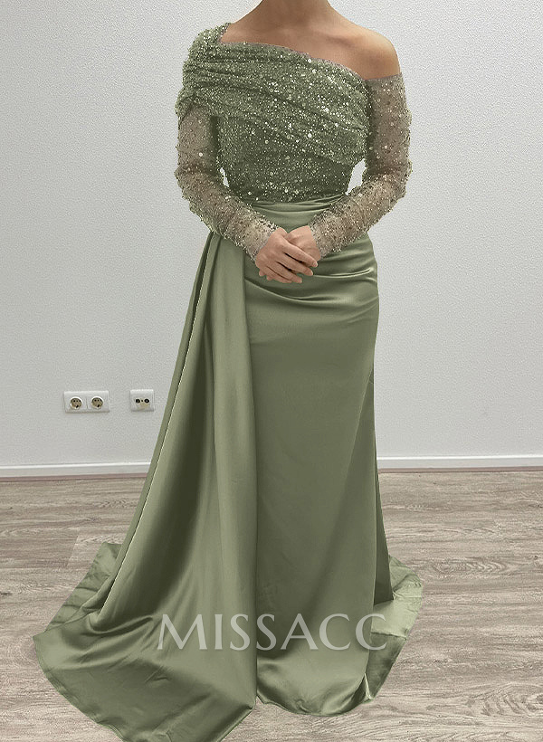 Sheath/Column Asymmetrical Long Sleeves Evening Dresses With Sweeping Right Side Drape Sheath/Column Asymmetrical Long Sleeves Evening Dresses With Sweeping Right Side Drape