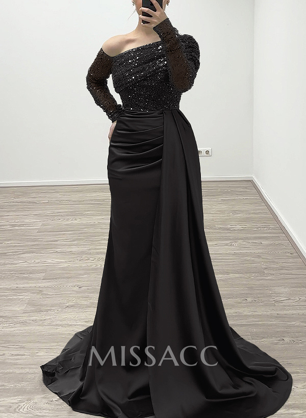 Sheath/Column Asymmetrical Long Sleeves Evening Dresses With Sweeping Right Side Drape