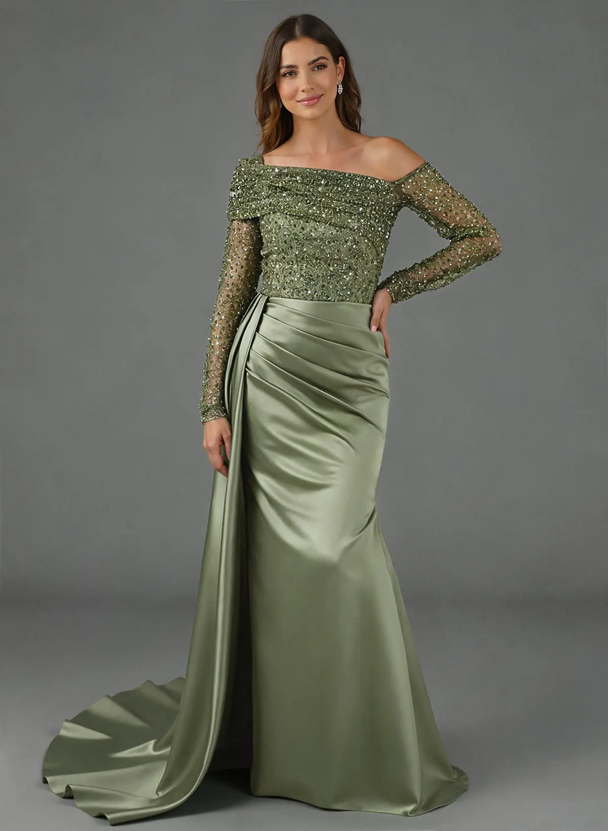 Sheath/Column Asymmetrical Long Sleeves Evening Dresses With Sweeping Right Side Drape Sheath/Column Asymmetrical Long Sleeves Evening Dresses With Sweeping Right Side Drape