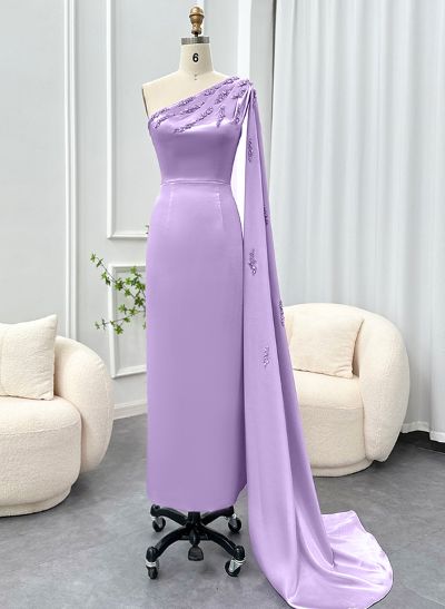 Sheath/Column One-Shoulder Sleeveless Satin Evening Dresses With Sweeping Side Drape