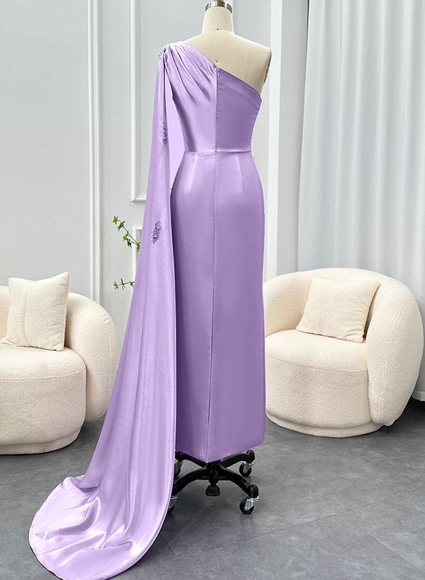 Sheath/Column One-Shoulder Sleeveless Satin Evening Dresses With Sweeping Side Drape