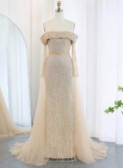 Luxury Off-The-Shoulder Long Sleeves Detachable Train Tulle Evening Dresses With Beading