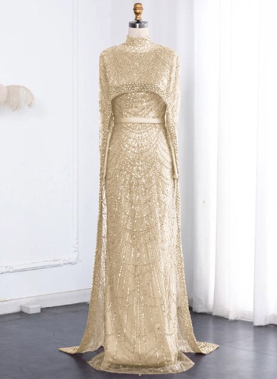 Sheath Column High Neck Long Sleeves Sweep Train Lace Satin Tulle Evening Dresses With Beading