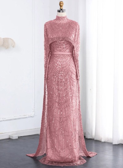 Sheath Column High Neck Long Sleeves Sweep Train Lace Satin Tulle Evening Dresses With Beading