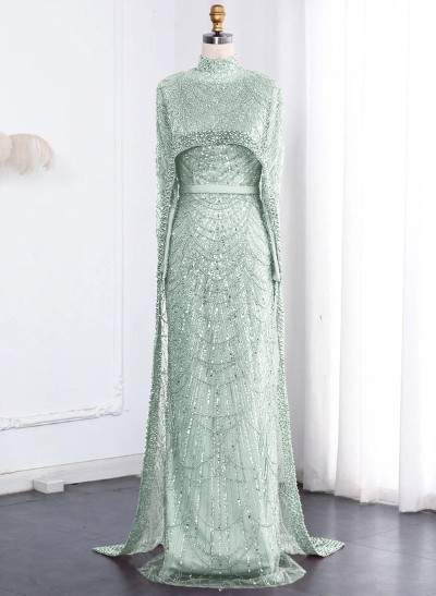 Luxury High Neck Long Sleeves Satin Evening Dresses With Beading