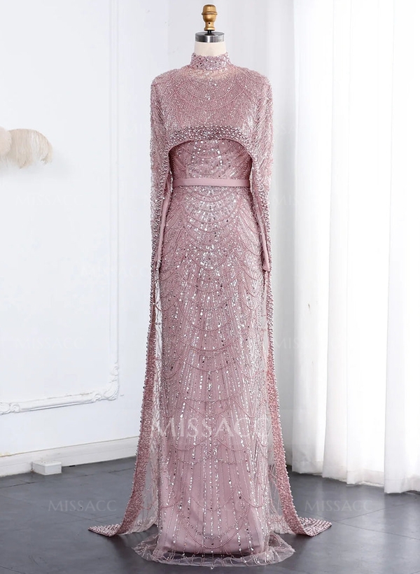 Luxury High Neck Long Sleeves Satin Evening Dresses With Beading
