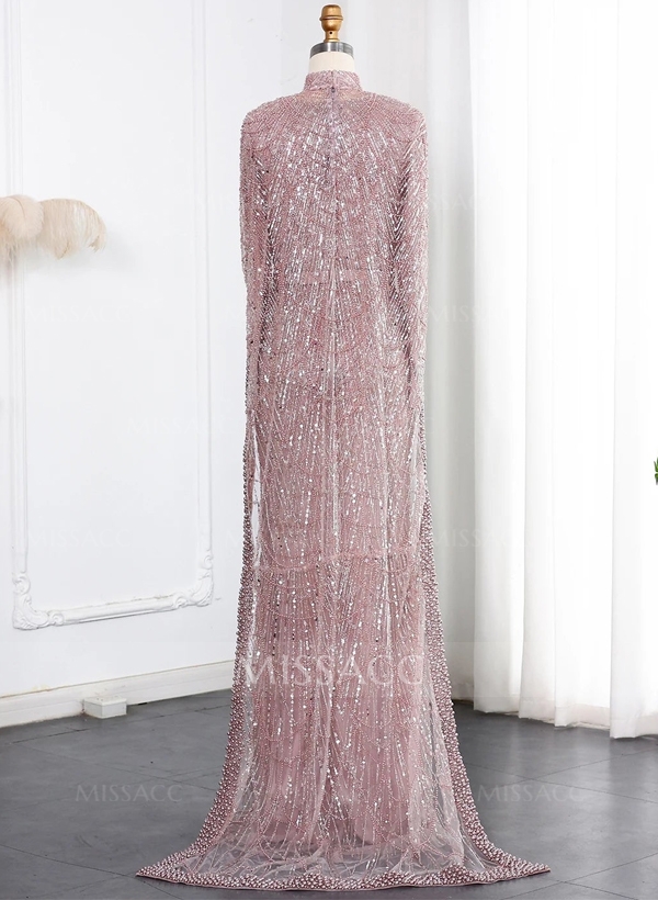 Luxury High Neck Long Sleeves Satin Evening Dresses With Beading