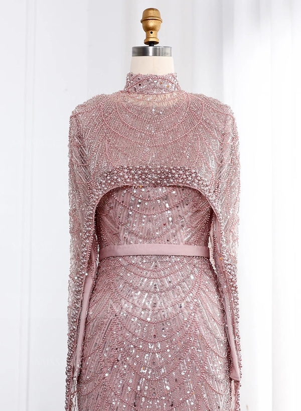 Luxury High Neck Long Sleeves Satin Evening Dresses With Beading