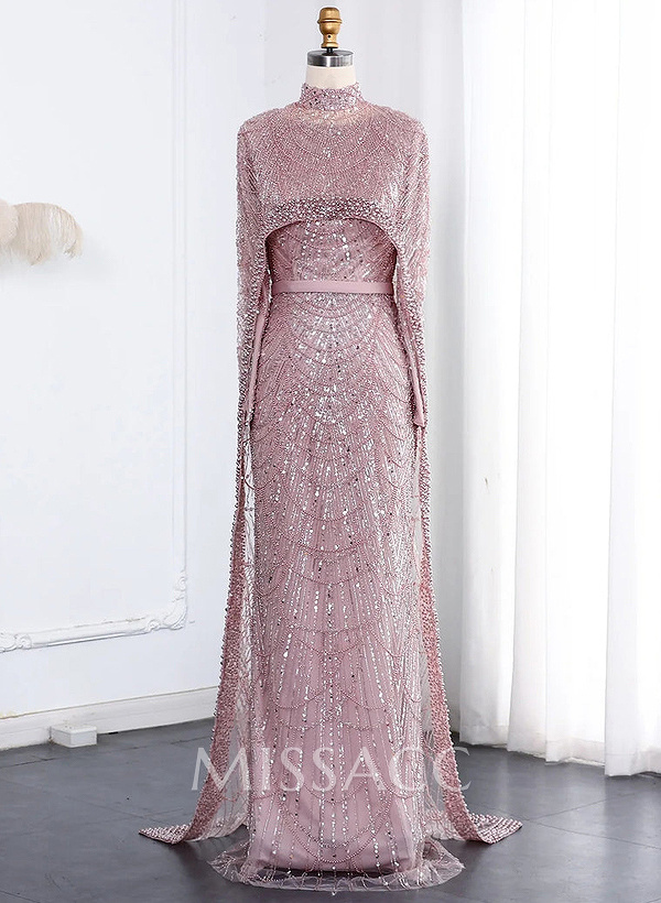 Sheath Column High Neck Long Sleeves Sweep Train Lace Satin Tulle Evening Dresses With Beading Sheath Column High Neck Long Sleeves Sweep Train Lace Satin Tulle Evening Dresses With Beading