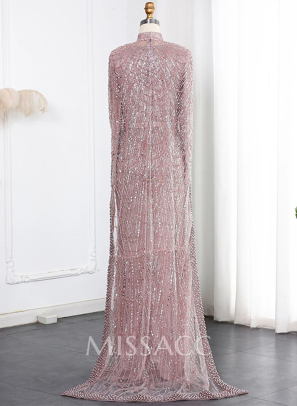 Sheath Column High Neck Long Sleeves Sweep Train Lace Satin Tulle Evening Dresses With Beading Sheath Column High Neck Long Sleeves Sweep Train Lace Satin Tulle Evening Dresses With Beading