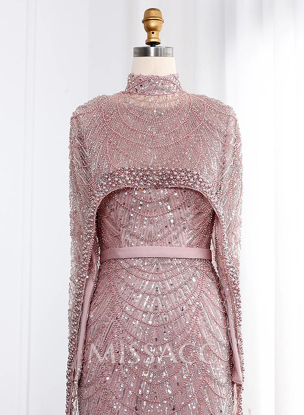Sheath Column High Neck Long Sleeves Sweep Train Lace Satin Tulle Evening Dresses With Beading Sheath Column High Neck Long Sleeves Sweep Train Lace Satin Tulle Evening Dresses With Beading