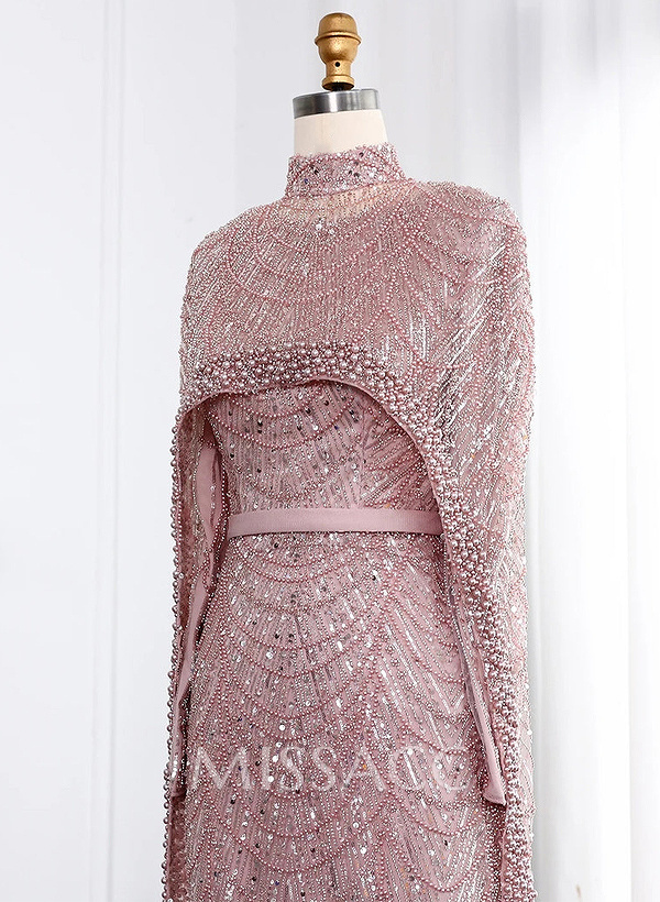 Sheath Column High Neck Long Sleeves Sweep Train Lace Satin Tulle Evening Dresses With Beading Sheath Column High Neck Long Sleeves Sweep Train Lace Satin Tulle Evening Dresses With Beading