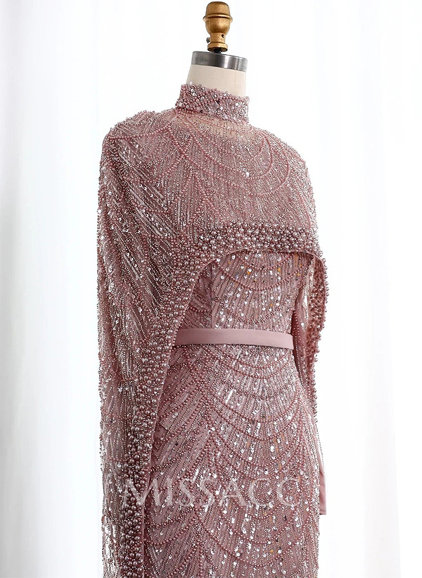 Sheath Column High Neck Long Sleeves Sweep Train Lace Satin Tulle Evening Dresses With Beading Sheath Column High Neck Long Sleeves Sweep Train Lace Satin Tulle Evening Dresses With Beading