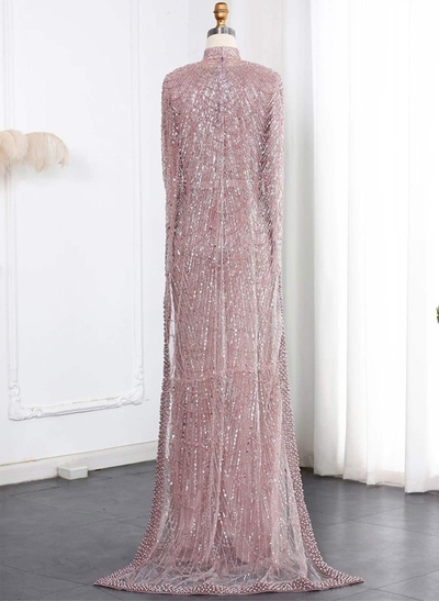 Sheath Column High Neck Long Sleeves Sweep Train Lace Satin Tulle Evening Dresses With Beading