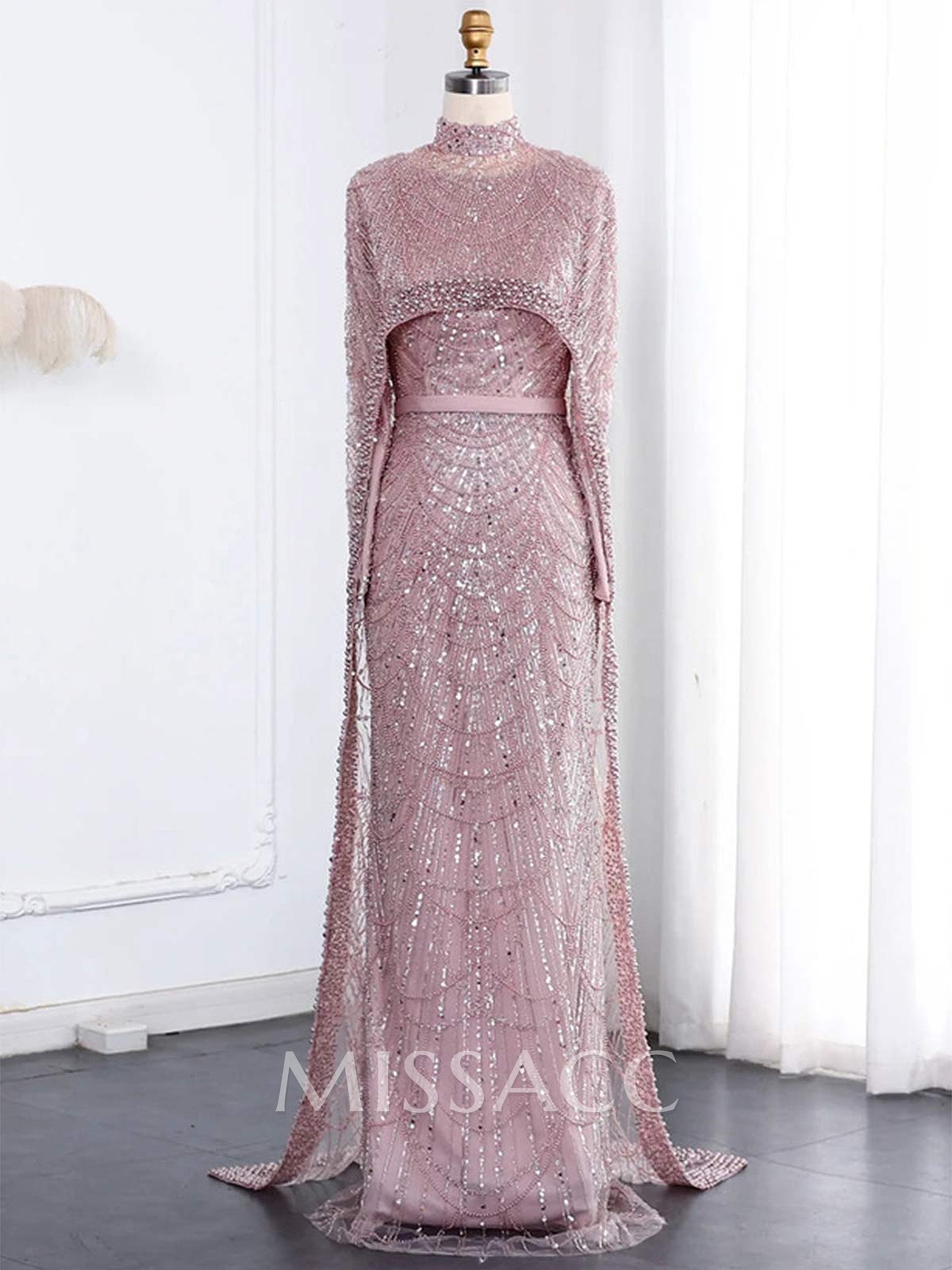 Sheath Column High Neck Long Sleeves Sweep Train Lace Satin Tulle Evening Dresses With Beading